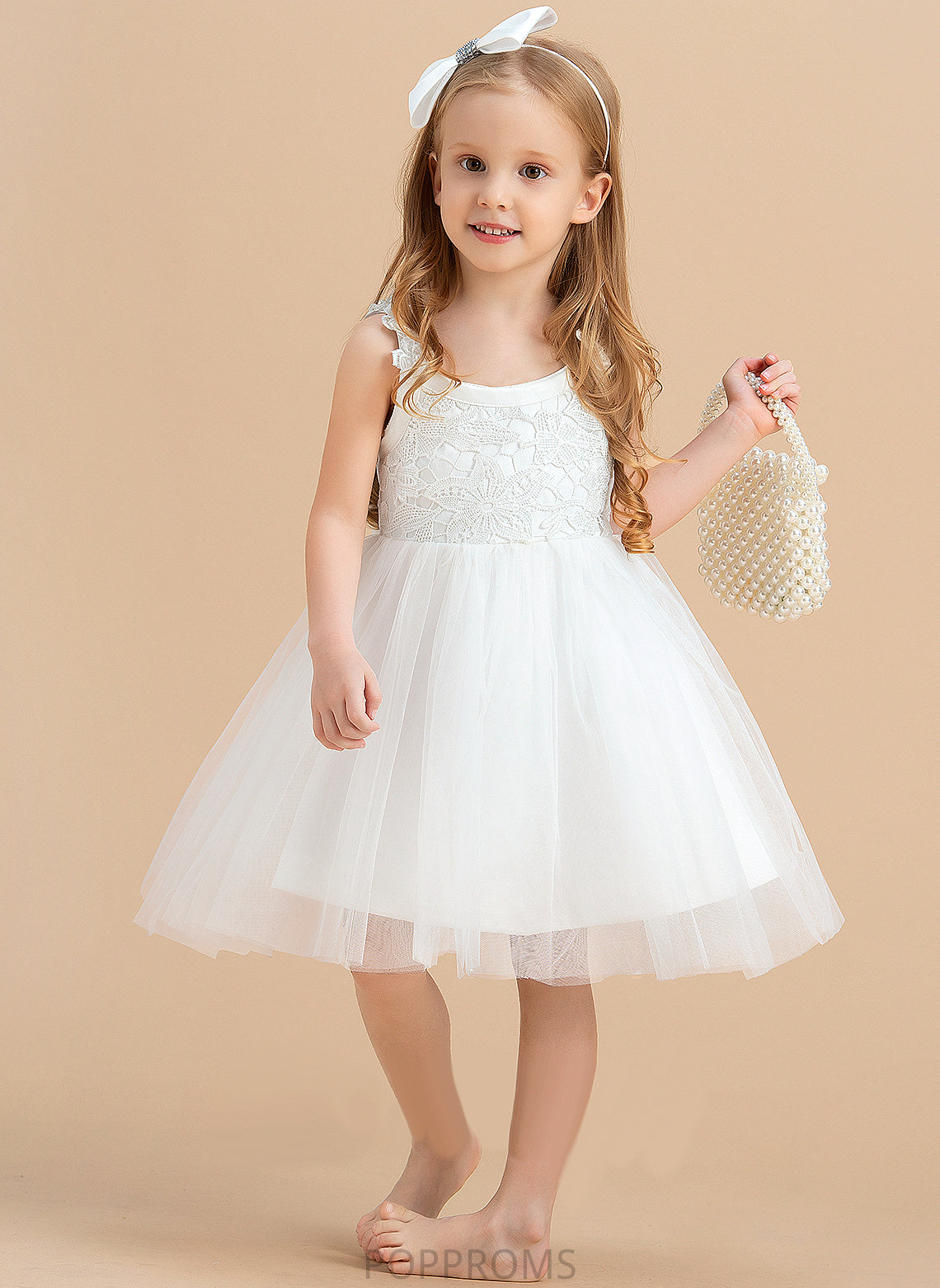 Girl Knee-length Dress With Sleeveless - Emery Back Flower Satin/Tulle/Lace A-Line Flower Girl Dresses Neck Scoop Flower(s)/V