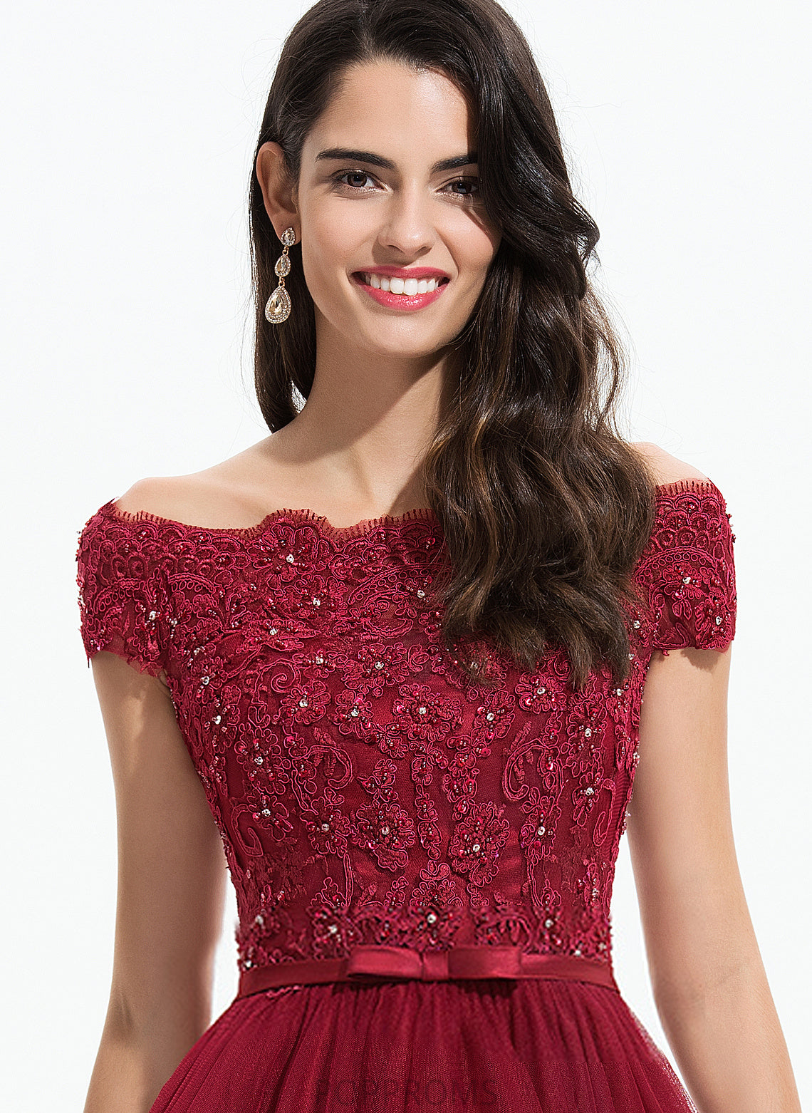 Off-the-Shoulder Asymmetrical A-Line Dress Parker Lace Tulle Cocktail Beading With Lace Cocktail Dresses Bow(s)