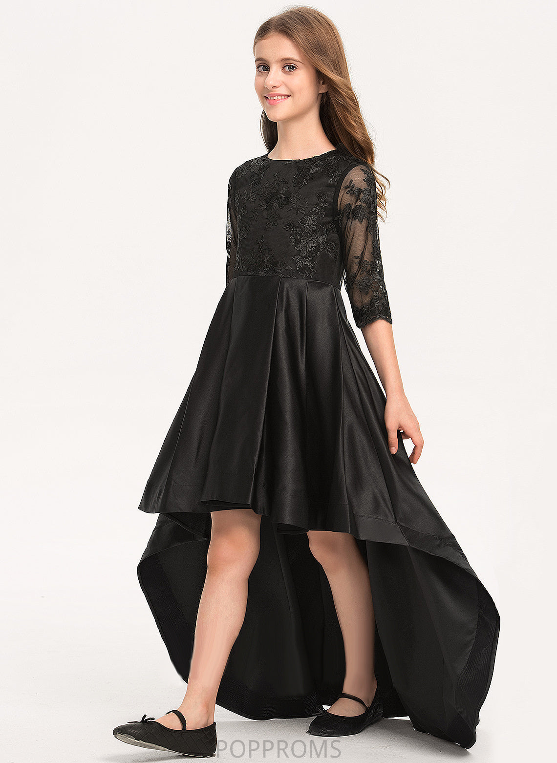 Flower Girl Dresses Neck Satin Girl - Sleeves Lace With Dress Scoop 3/4 Asymmetrical A-Line Kaitlyn Flower