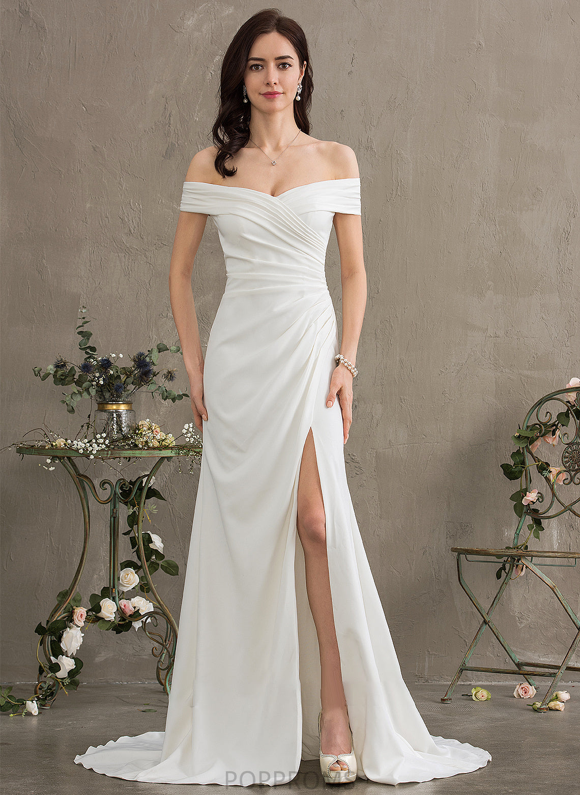 Wedding Dresses Train Front Stretch Split With Ruffle Sheath/Column Wedding Crepe Sweep Dress Abbie Off-the-Shoulder