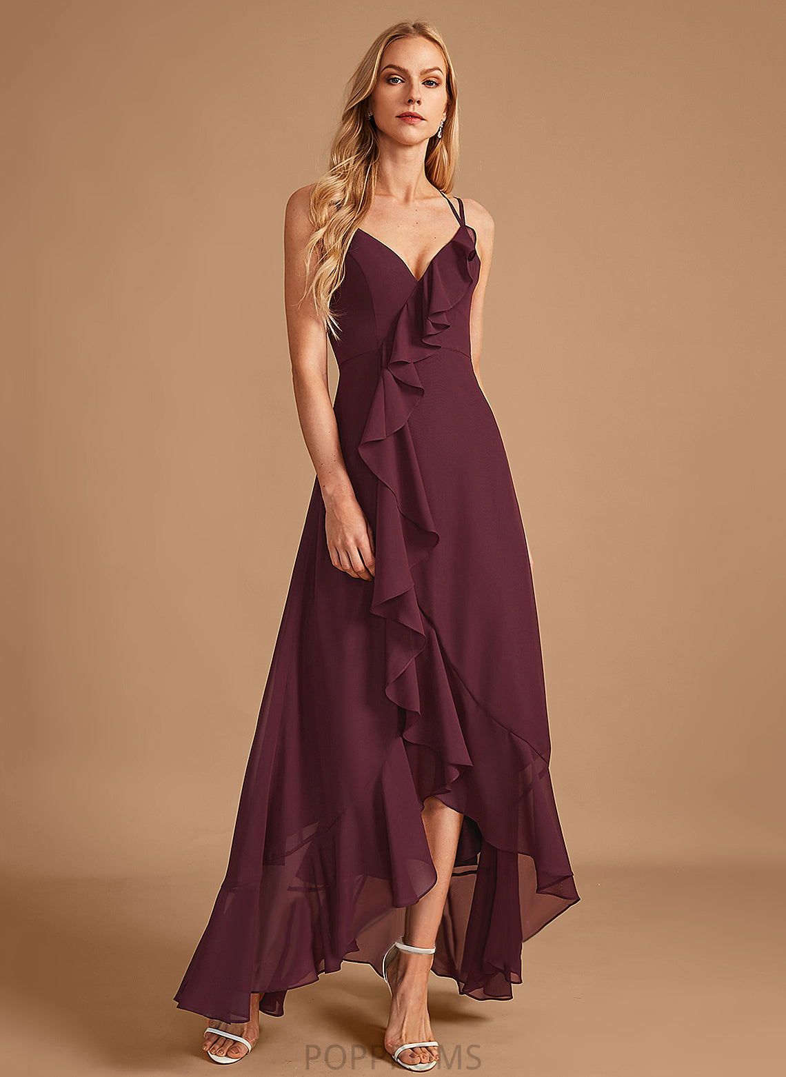 A-Line Embellishment Fabric V-neck Ruffle Asymmetrical SplitFront Neckline Length Silhouette Linda Sleeveless Bridesmaid Dresses