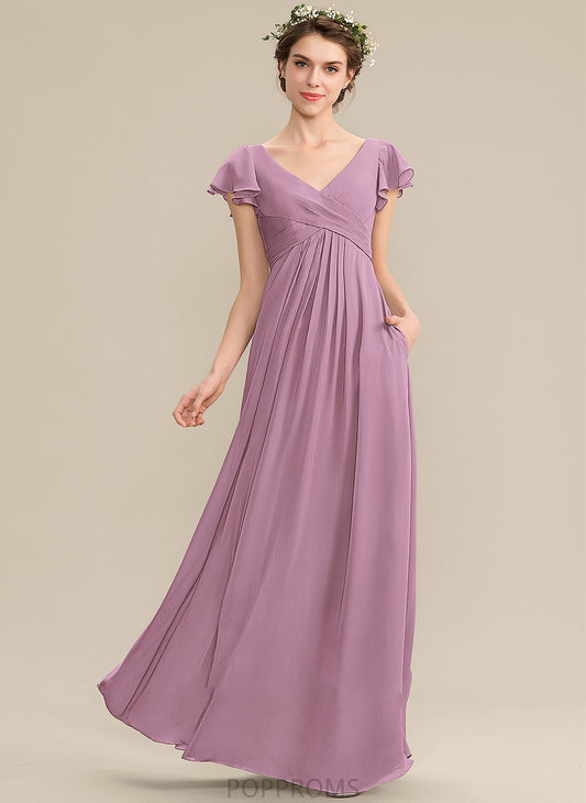 Floor-Length Silhouette Pockets V-neck Fabric A-Line Neckline CascadingRuffles Length Embellishment Cora Straps Bridesmaid Dresses