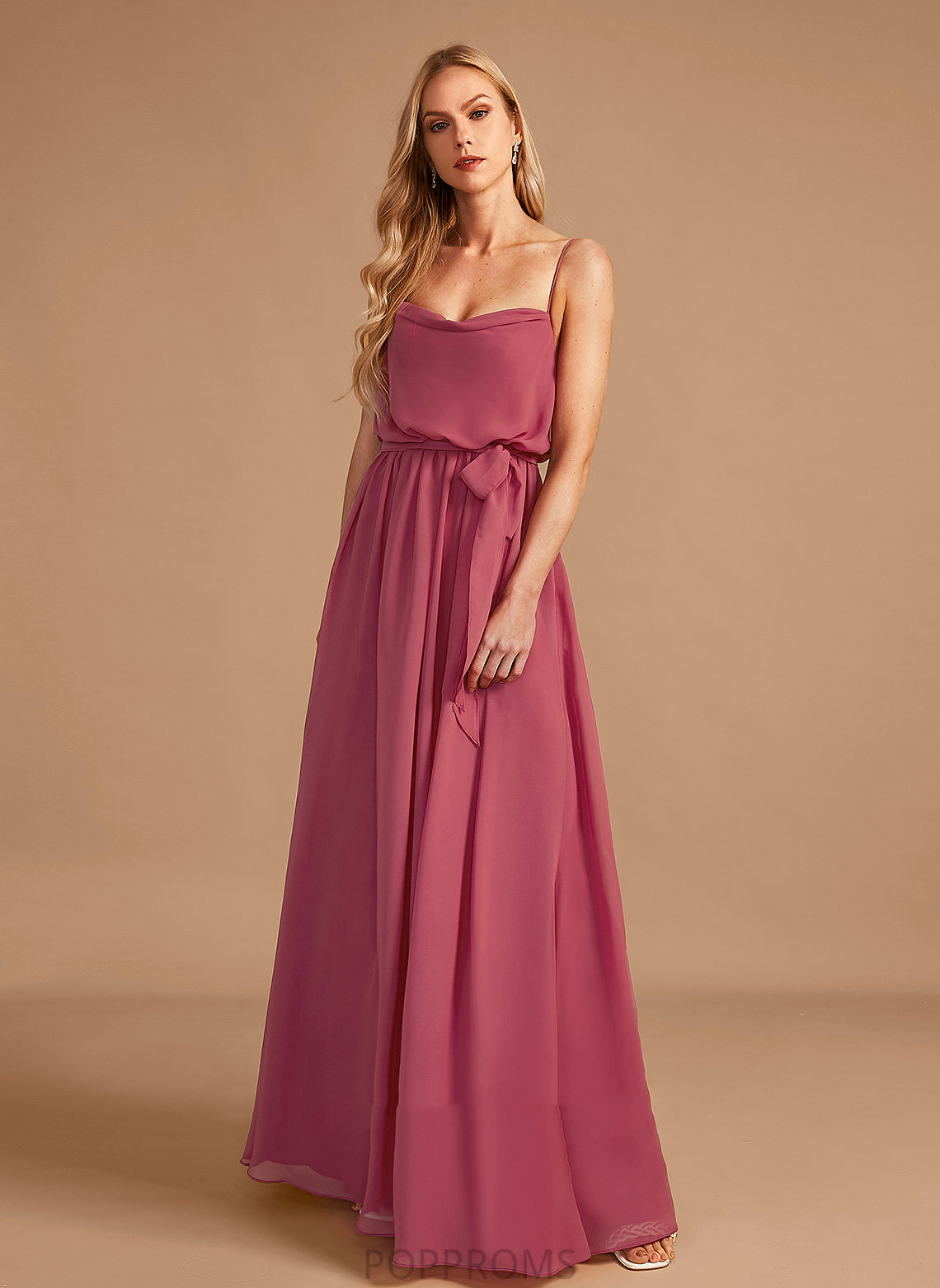 Neckline Silhouette Length A-Line Ruffle Fabric CowlNeck Floor-Length Embellishment SplitFront Mattie Sleeveless Bridesmaid Dresses