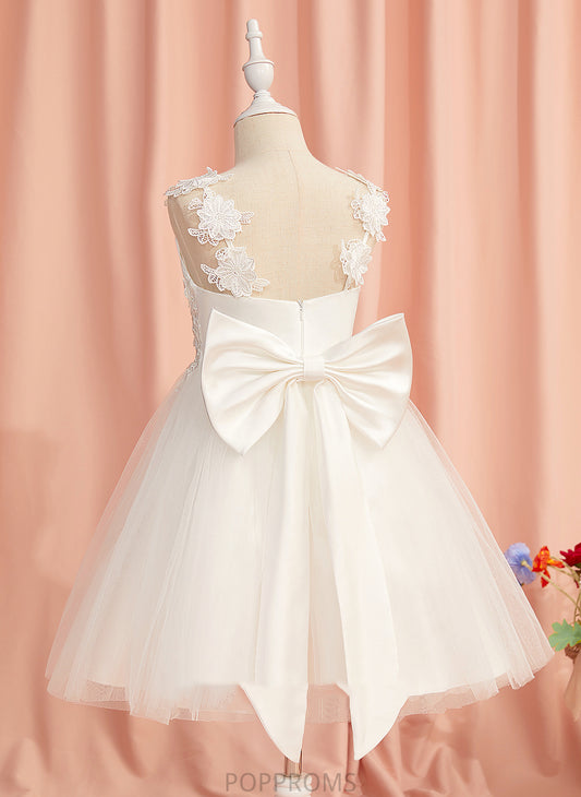 With Straps Flower Kelsie Knee-length A-Line Tulle - Sleeveless Dress Lace/Flower(s)/Bow(s) Flower Girl Dresses Girl