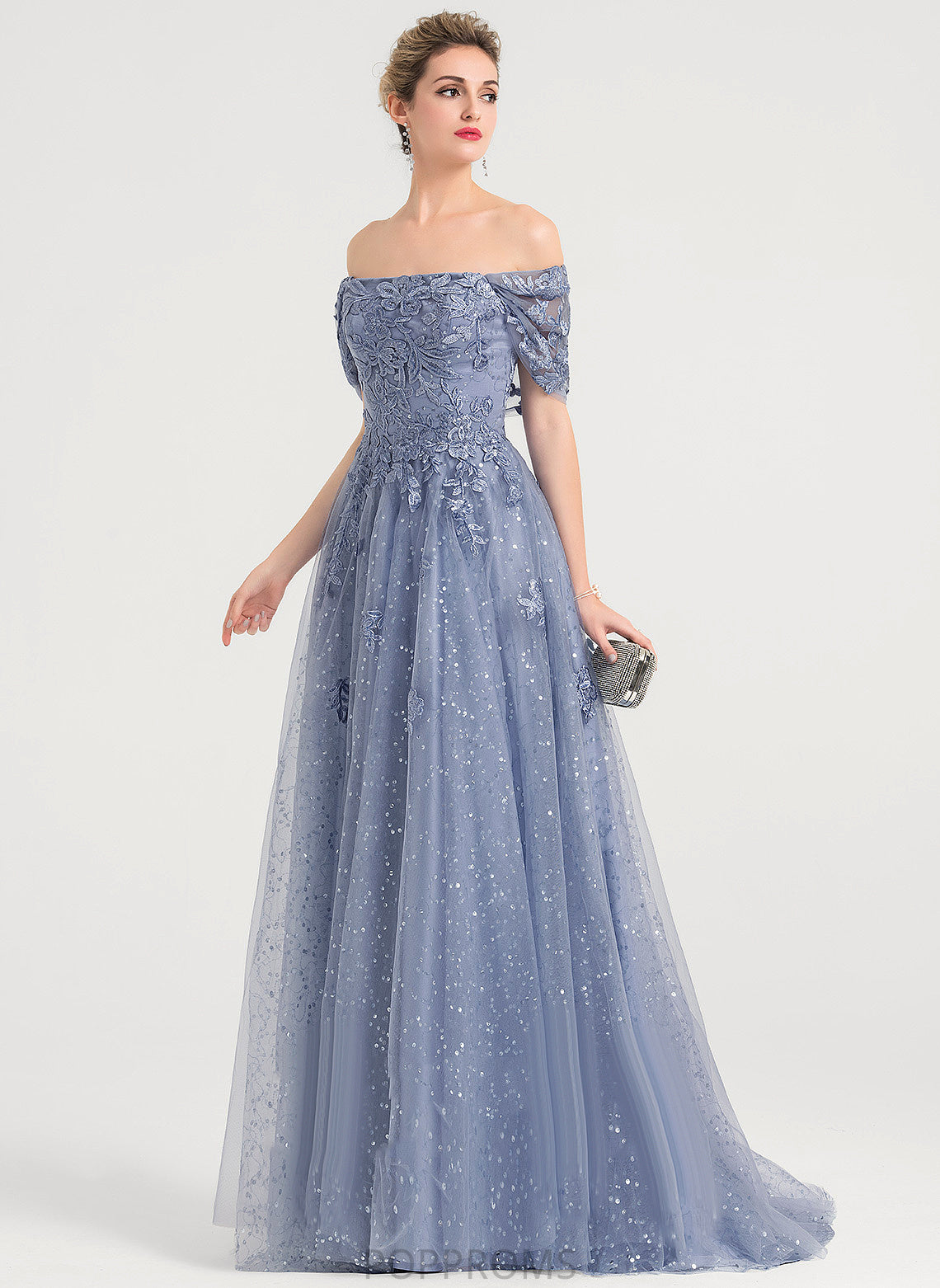 Sweep Sequins Train Adalyn Tulle Prom Dresses Off-the-Shoulder With Lace Ball-Gown/Princess