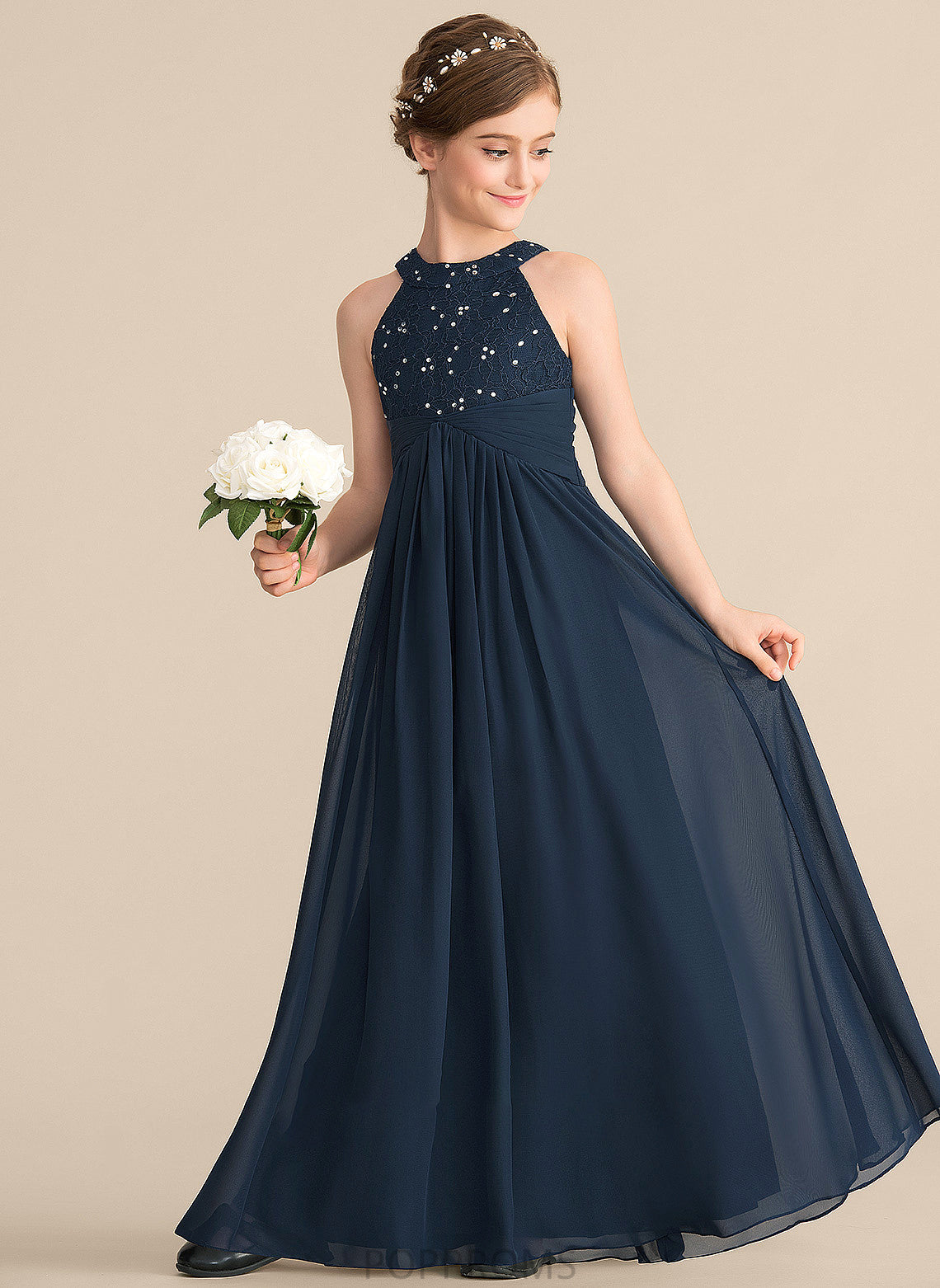 With Lace Beading Scoop Neck A-Line Junior Bridesmaid Dresses Chiffon Floor-Length Skylar Ruffle