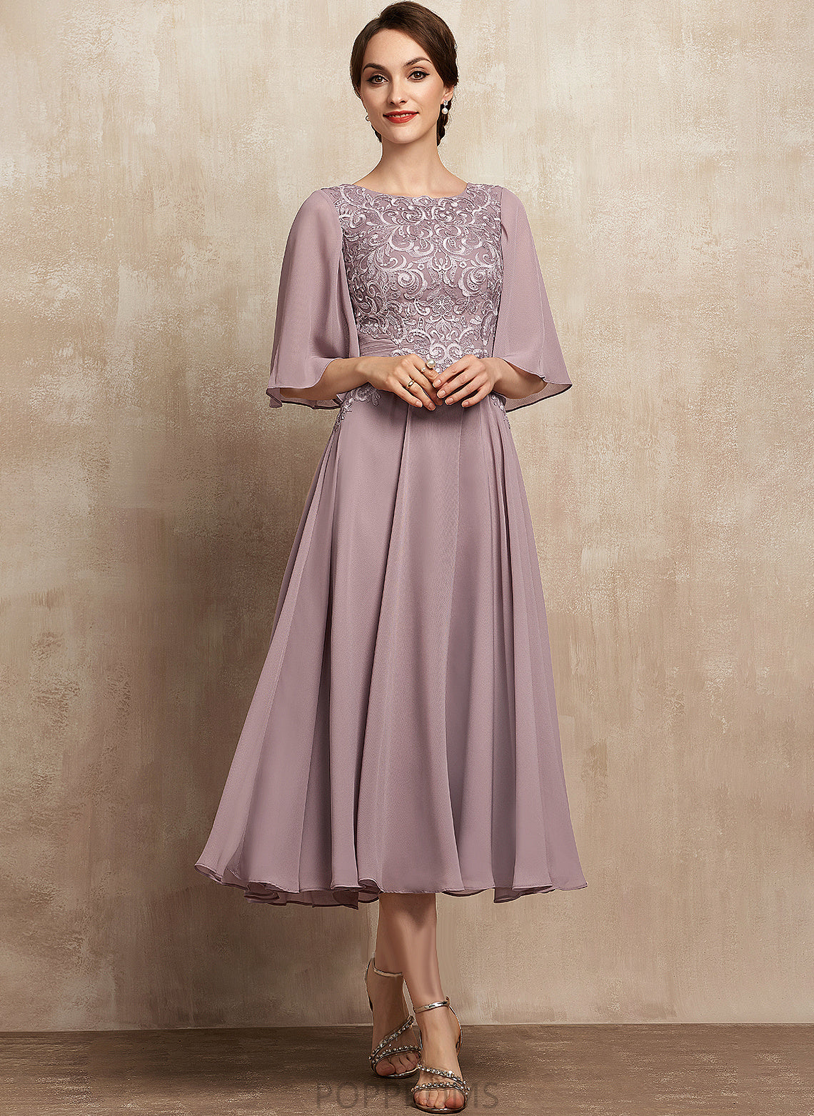 Scoop Bride Mother of the Bride Dresses Chiffon Kathleen Mother the A-Line Lace Neck Tea-Length Dress of