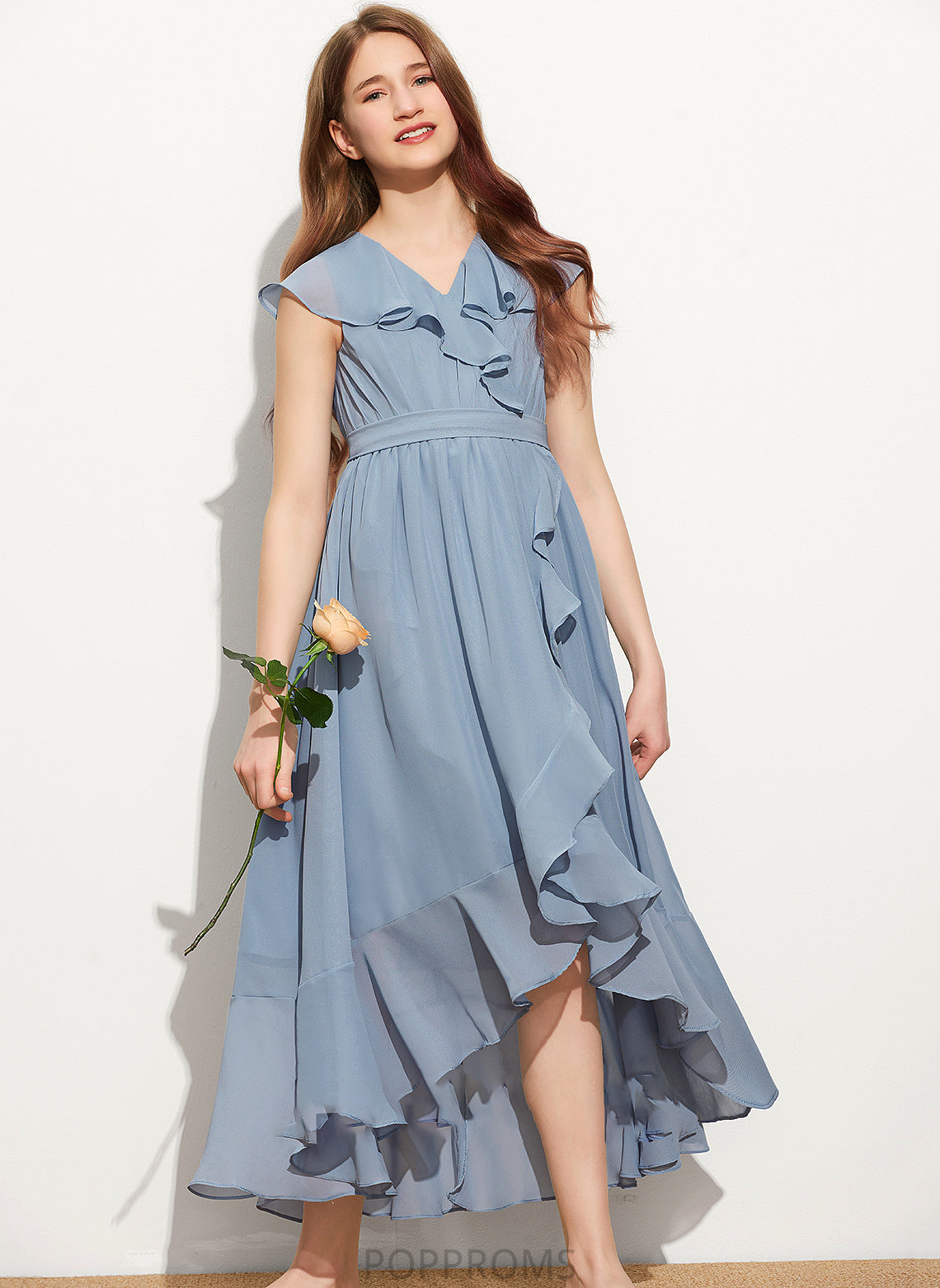 With Diana V-neck Asymmetrical A-Line Chiffon Ruffles Cascading Junior Bridesmaid Dresses Bow(s)