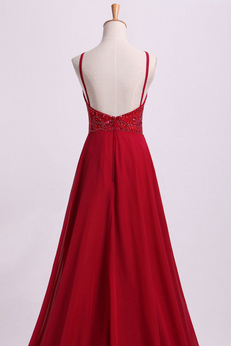 2024  Prom Dresses Spaghetti Straps Beaded Bodice A-Line Chiffon