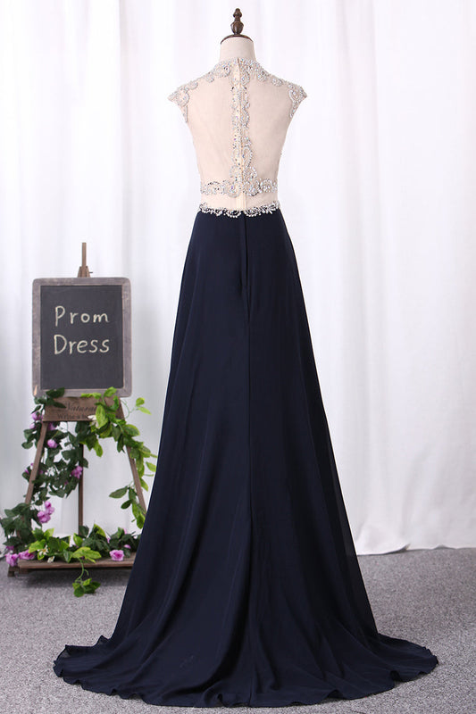 2024 A Line Prom Dresses Scoop Chiffon & Tulle With Beaded Bodice And Slit