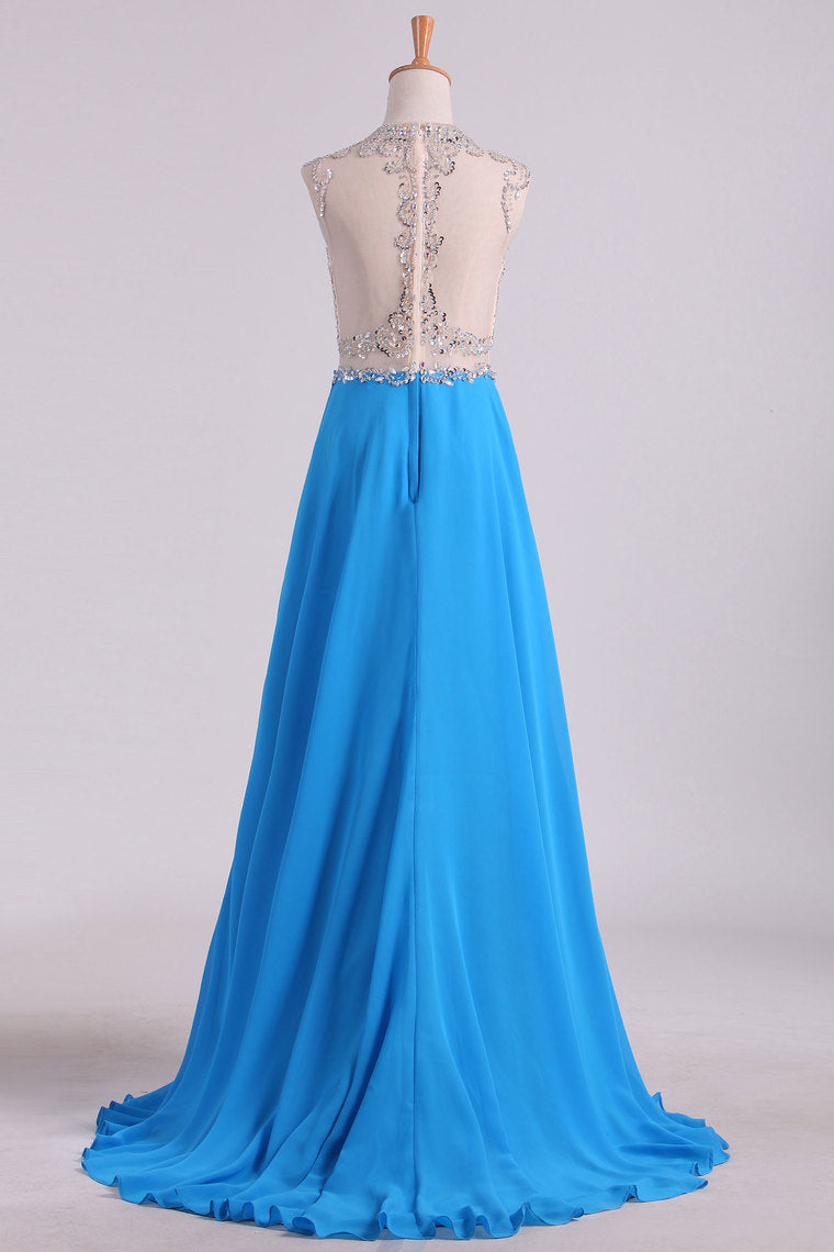 2024 Scoop A Line Prom Dresses Beaded Bodice Chiffon & Tulle With Slit