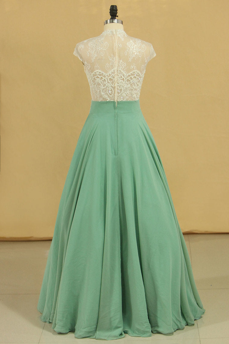 2024 High Neck A Line Chiffon With Applique Prom Dresses Floor Length