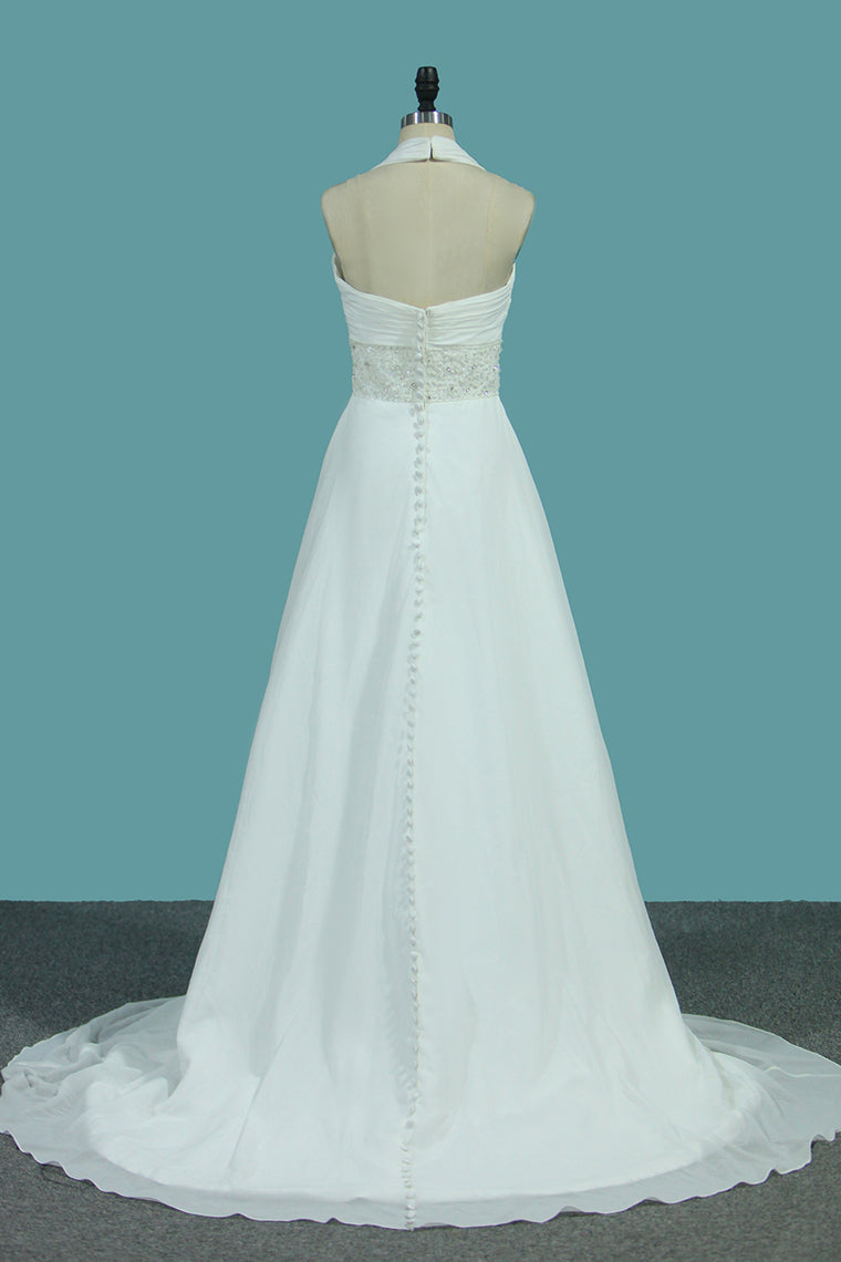 2024 A Line Chiffon Wedding Dresses With Beading & Sequince Court Train