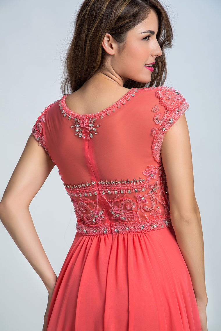 2024 Prom Dresses Scoop A Line Chiffon With Beading Cap Sleeves