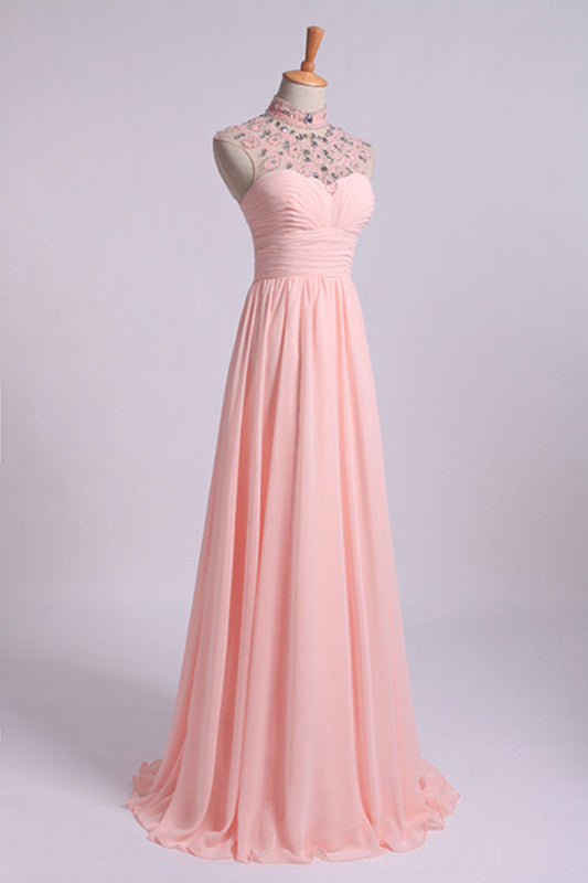 2024 High Neck Prom Dresses A-Line Chiffon With Beads And Ruffles