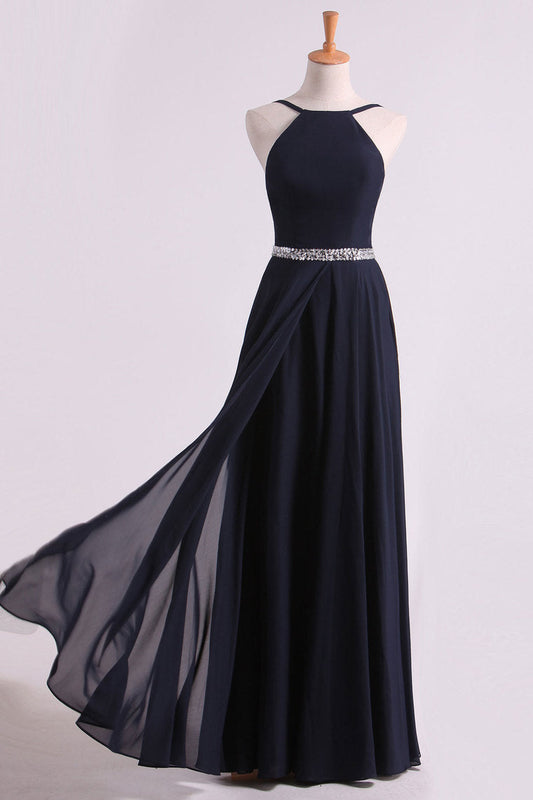 2024 Prom Dresses Spaghetti Straps Beaded Waistline Chiffon Open Back