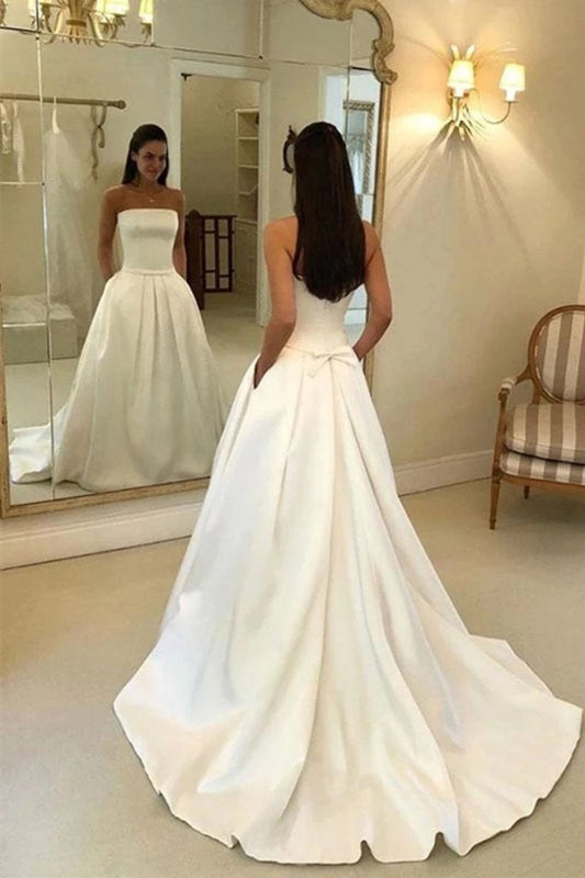 Strapless Simple Ivory Satin A Line Pleated Wedding Dresses With Court Train Bridal Dresses