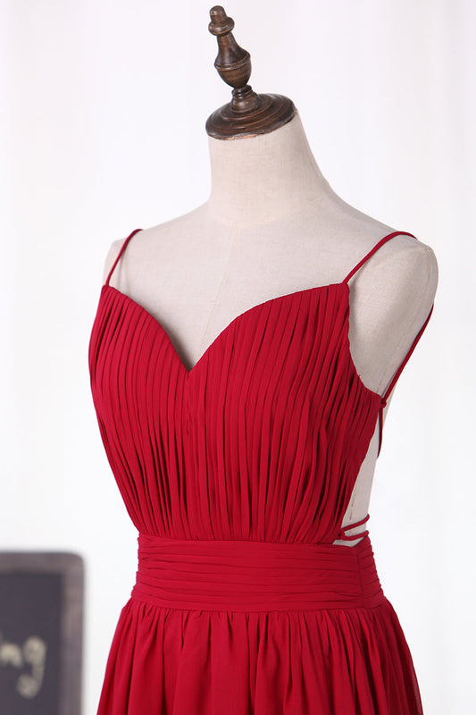 2024 Sexy Open Back Spaghetti Straps Prom Dresses Chiffon With Ruffles A Line