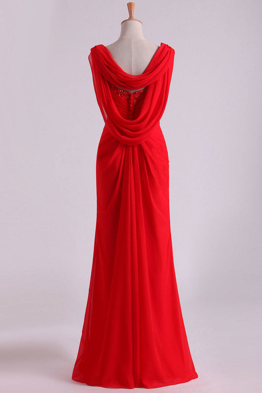 2024 Red Chiffon Evening Dresses Ruffled Bodice Floor Length