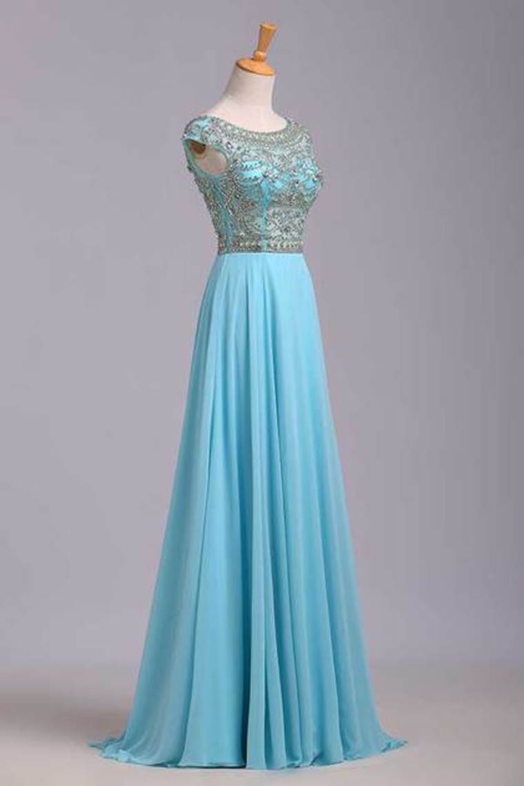 2024 Elegant Prom Dresses A-Line Scoop Beaded Bodice Floor-Length Chiffon Zipper Back