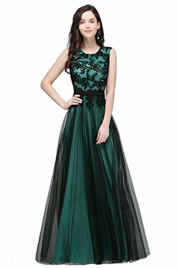 Lace Tulle Round Neck A Line Sleeveless Wedding Bridesmaid Long Evening  Festive Party Dress