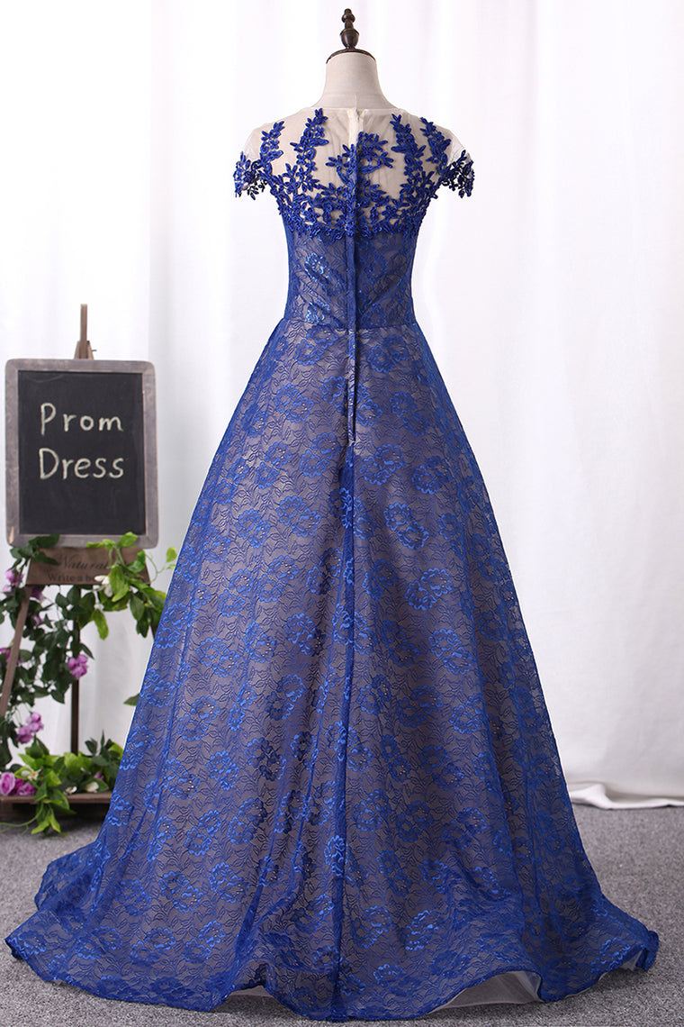 2024 Dark Royal Blue Evening Dress Scoop Cap Sleeves See-Through Lace With Applique A Line