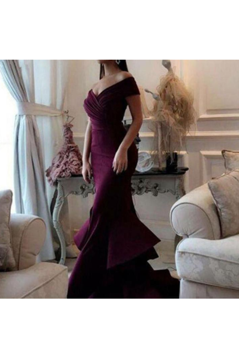 2024 Unique Mermaid Off The Shoulder Ruffled & Split Burgundy Chiffon Long Prom Dresses Evening Dresses