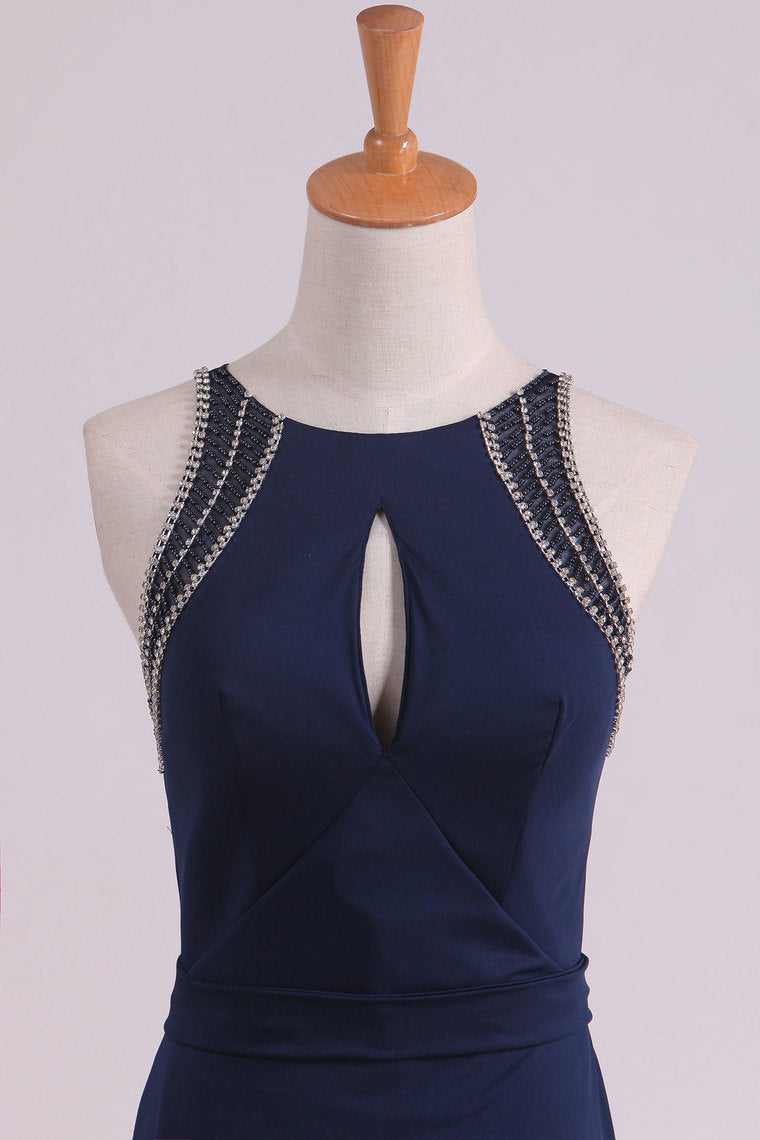 2024 Spandex Scoop With Beading Sheath Evening Dresses Open Back Sweep Train