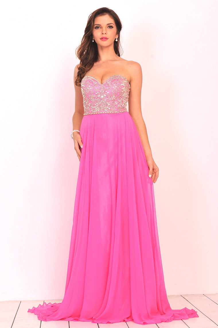 2024 A Line Sweetheart Beaded Bodice Prom Dresses Chiffon Sweep Train