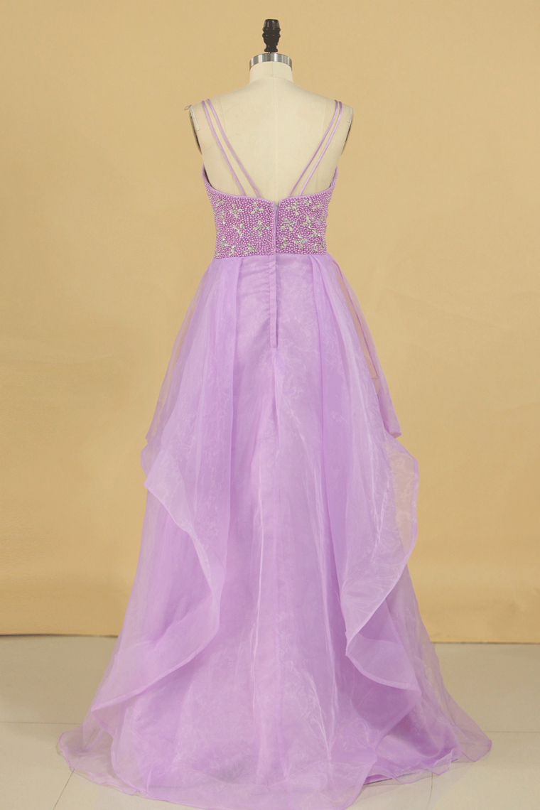 2024 A Line Prom Dresses Beaded Bodice Spaghetti Straps Organza Floor Length