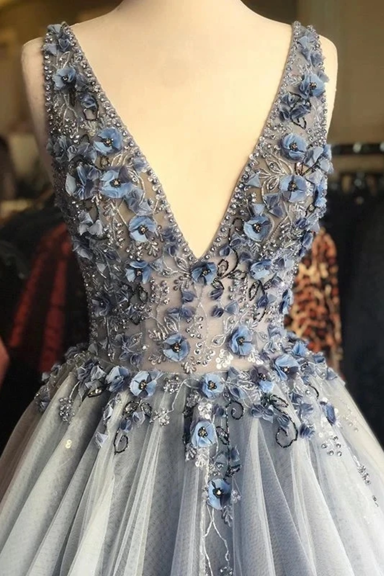 A-Line Floral Embellished V-Neck Long Formal Prom Dresses