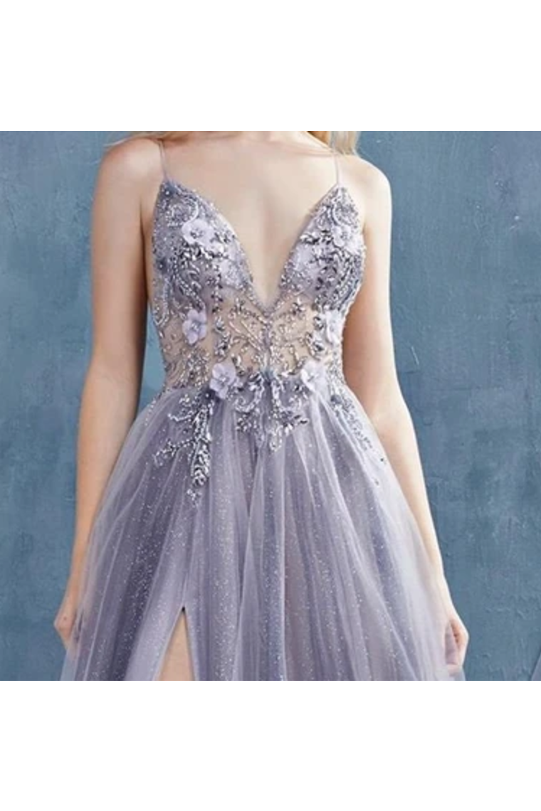 See Through Jeweled Glitter A-Line Prom Dress With High Slit Deep V Neck Long Formal Dress