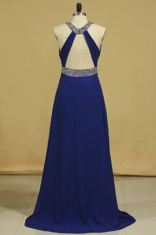 2024 Prom Dresses Halter Chiffon A Line Open Back Sweep Train