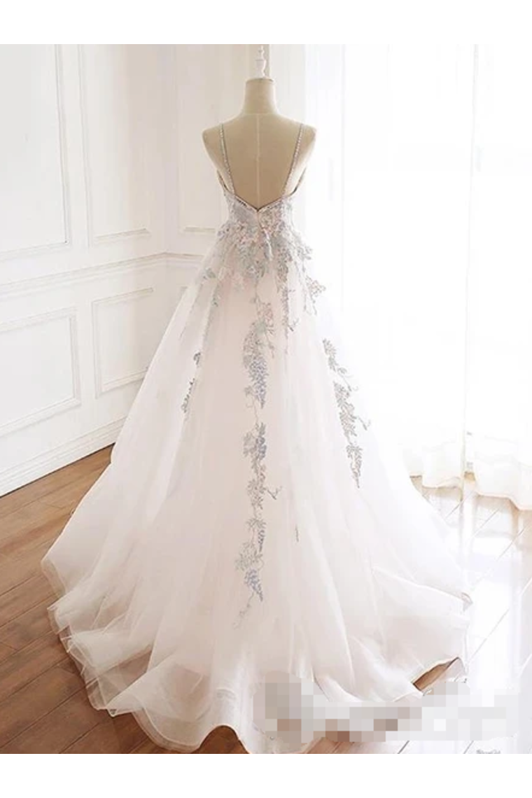 Beaded Spaghetti Strap Illusion V Neckline Wedding Dress With Colorful Appliques