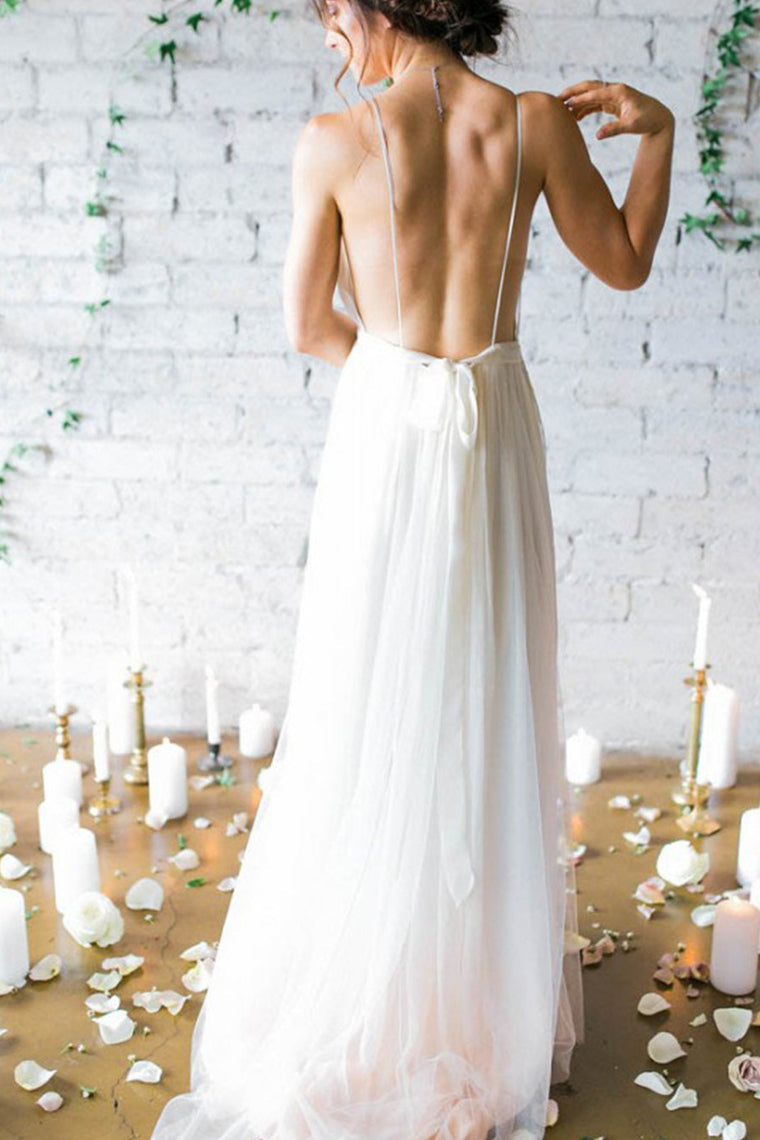 2024 Sexy Open Back Spaghetti Straps Wedding Dresses A Line Ruched Bodice Chiffon