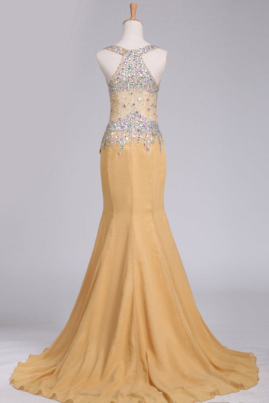 2024 New Arrival Chiffon Prom Dresses Straps With Beading Sweep Train Mermaid