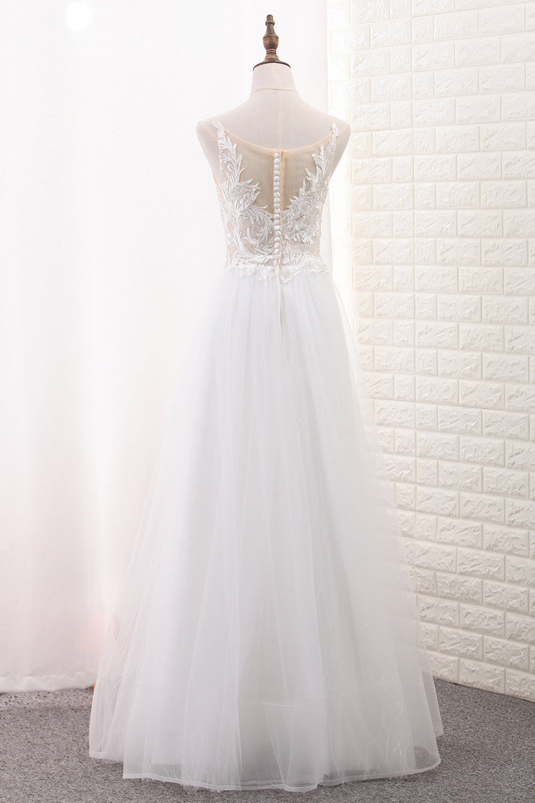 2024 A Line Tulle & Lace Scoop Wedding Dresses With Applique Floor Length