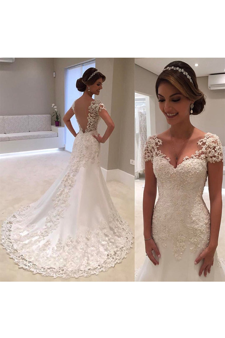 2024 New Arrival Mermaid/Trumpet V-Neck Tulle Wedding Dresses With Applique Short Sleeves