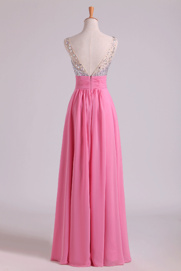 2024 Prom Dresses A Line V Neck Chiffon With Beading/Sequins Sleeveless Floor Length