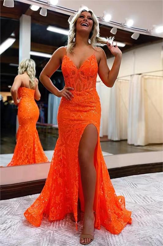 Chic V Neck Sequins Mermaid Split Long Prom Dresses