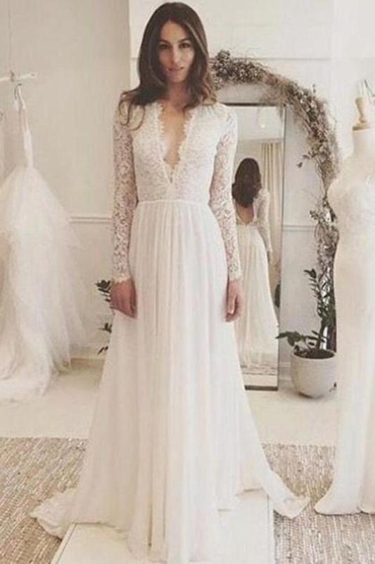 2024 Sexy Open Back Scoop Long Sleeves Wedding Dresses A Line Chiffon & Lace