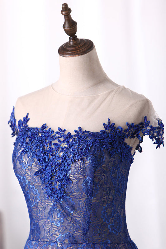 2024 Dark Royal Blue Evening Dress Scoop Cap Sleeves See-Through Lace With Applique A Line