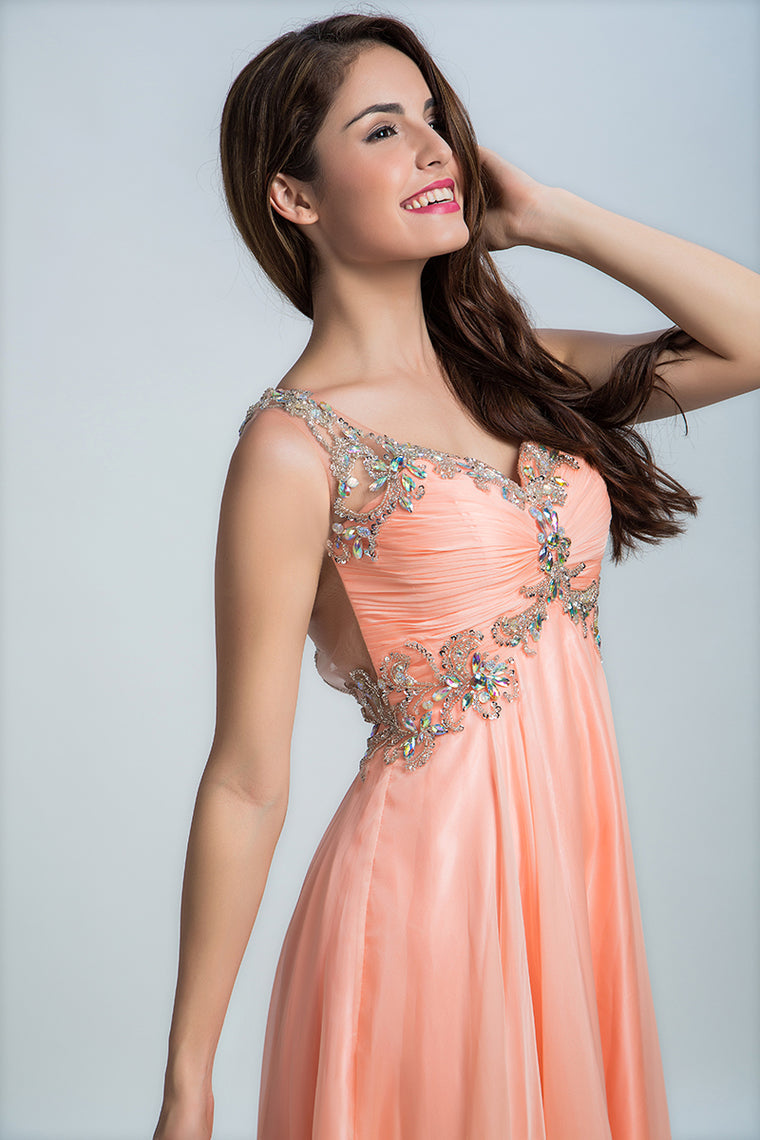 2024 Chiffon V Neck A Line Prom Dresses  With Beads And Ruffles