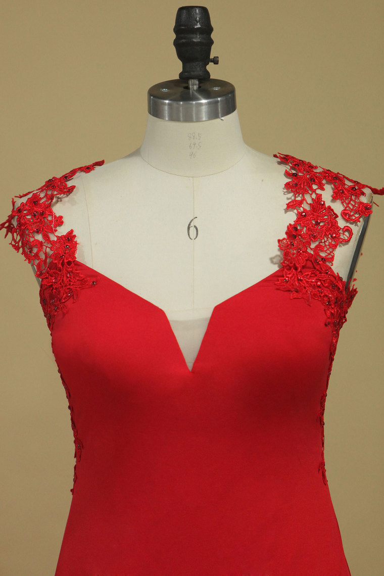 2024 Red Straps Open Back Sheath Prom Dresses Spandex With Applique Open Back