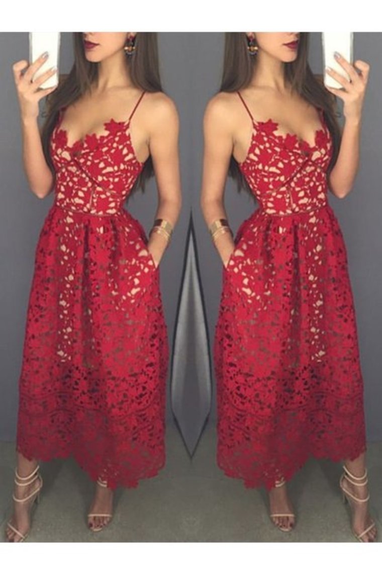 Lace Spaghetti Straps With Pockets Sweetheart Homecoming Dresses