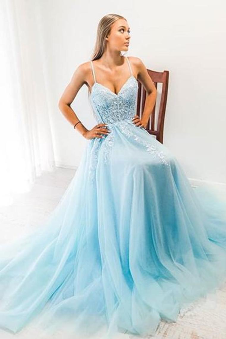 A-Line Spaghetti Strap Long Prom Dress With Appliques