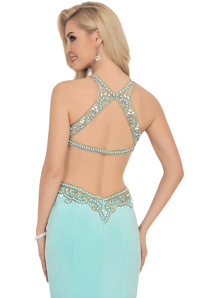 2024 Prom Dresses Scoop Beaded Bodice Mermaid Spandex Open Back