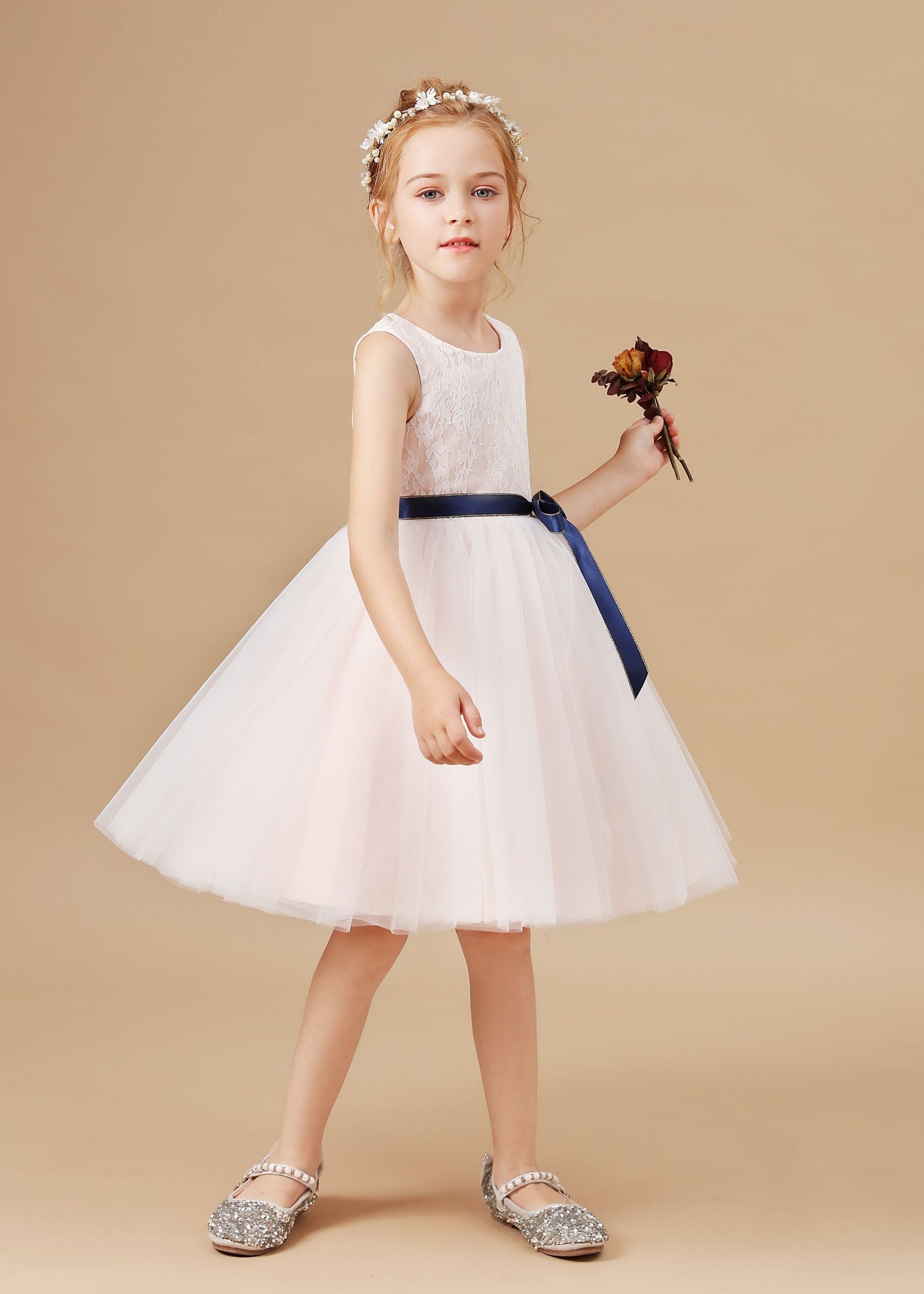 Sleeveless Lace Tulle Satin Flower Girl Dresses With Bowknot Satin-Sash