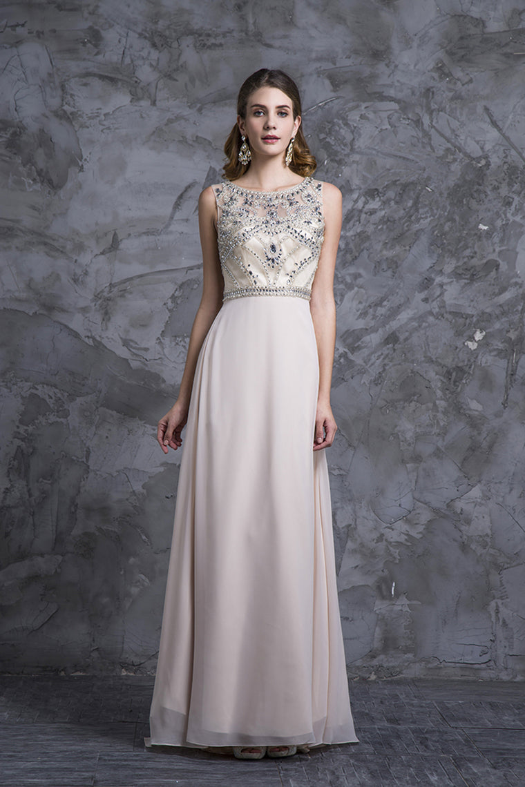 Stunning Prom Dresses Champagne Beaded Bodice And Back A-Line Scoop Sweep/Brush Chiffon