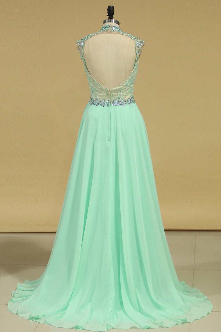 2024 A Line High Neck Prom Dresses Chiffon With Beads And Applique Open Back